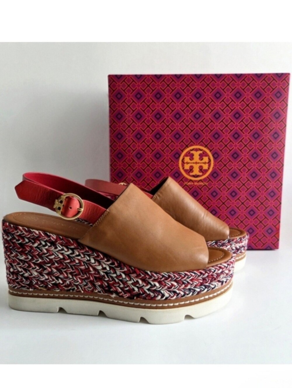 Tory Burch Miranda Espadrille Wedge Platform Leather Sandals With Box, Size 10.5